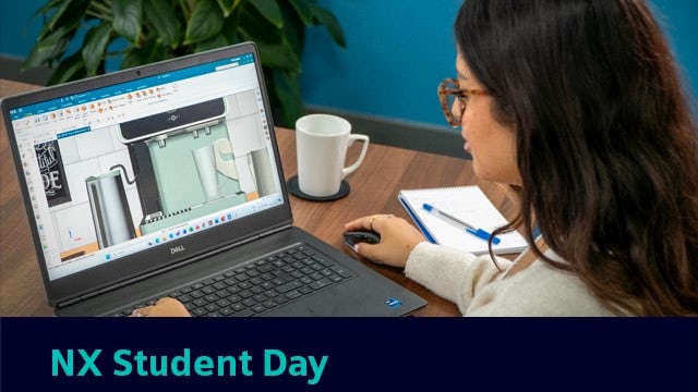 A girl on a laptop designing a coffee machine in NX CAD. Under the image there is teal text that says "NX Student Day"