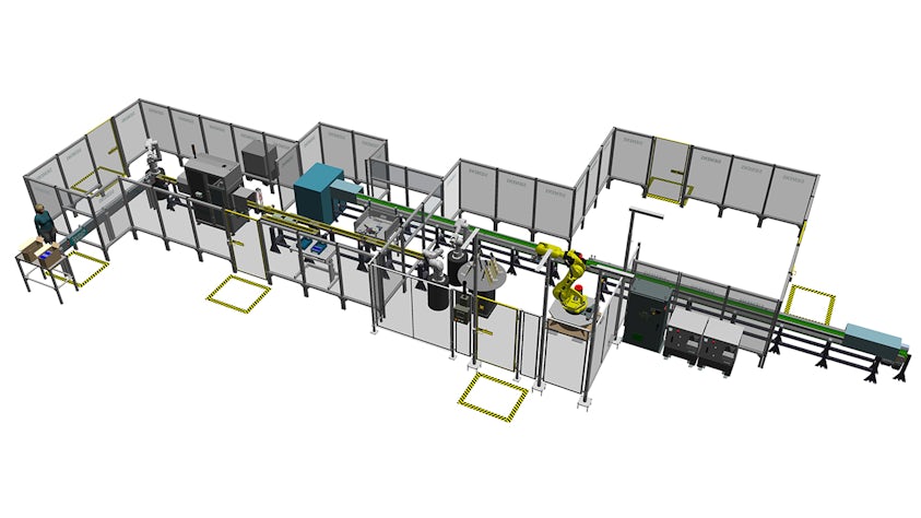 Image of an electric vehicle battery module assembly line with machines, robots and virtual humans in a Tecnomatix Process Simulate software 3D, physics-based simulation model.