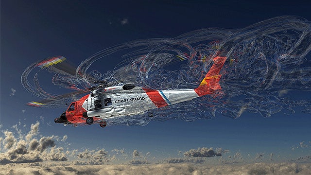 Simcenter 소프트웨어를 사용한 지오메트리 CFD 시뮬레이션의 헬리콥터 표현.
