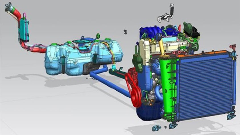 A 3D NX CAD model showing the front end of a car, with internals of the engine compartment showing thru the skin.