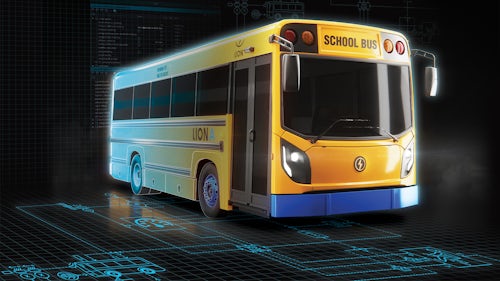 A yellow Lion electric bus.