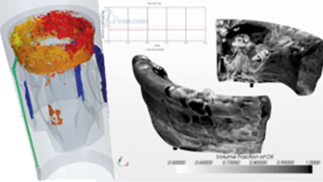 Complex physics like oil splashing with a moving engine piston require sophisticated high-fidelity modeling approaches. The volume of fluid (VOF) method is used here with an overset moving mesh.