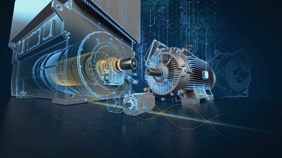 Advanced manufacturing of motor part showing digital overlay to visualize virtual design, modeling, and testing, resulting in physical manufacturing of a complex product.