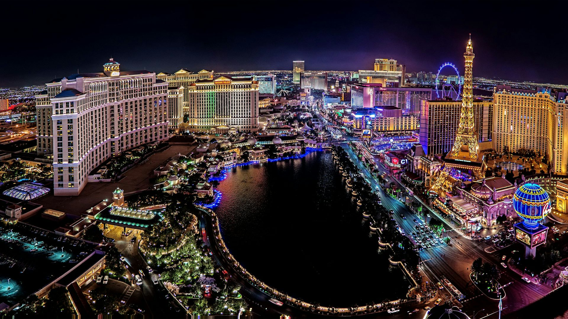 Aerial view of Las Vegas at night. 