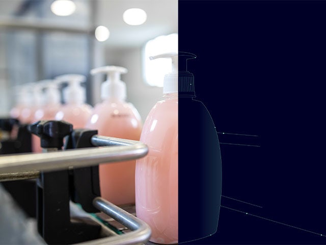 CPG innovation supply chain line showing lotion bottles on conveyer belt with digital twin simulation.