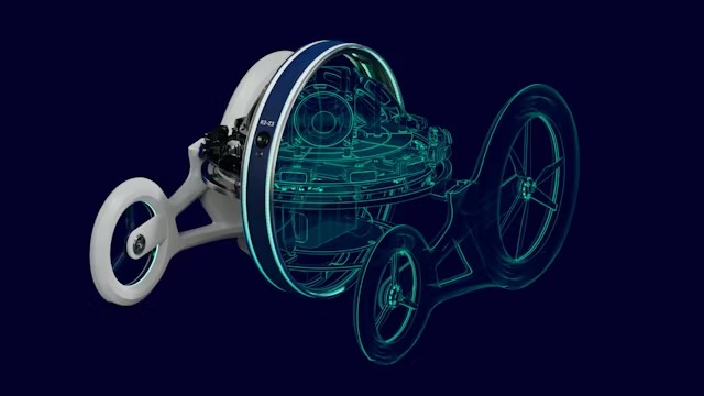 Un rendering o un'illustrazione mostra una vista in sezione di una fotocamera high-tech o di un dispositivo ottico. I complessi componenti interni, tra cui lenti e circuiti stampati, sono visibili attraverso l'involucro blu trasparente.