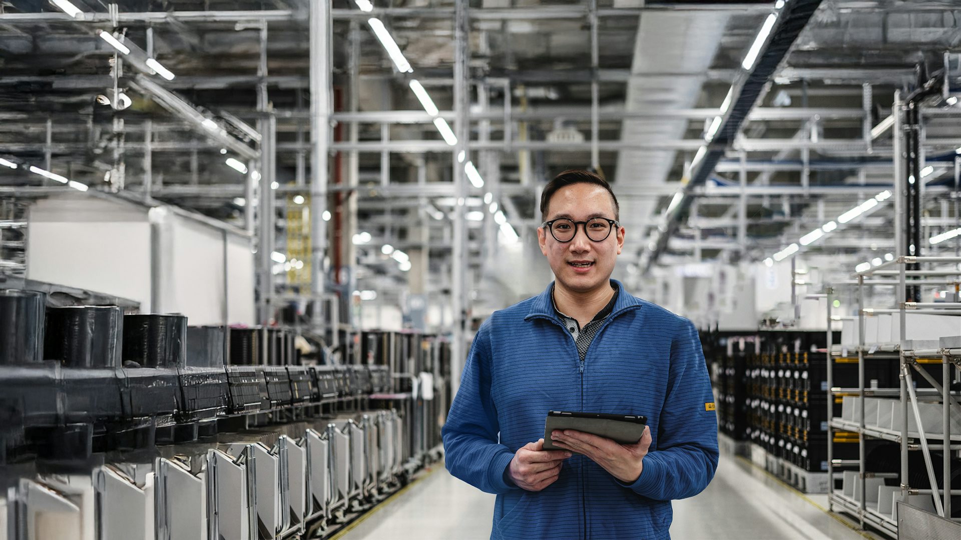 Siemens employee standing on the Furth factory floor holding a tablet.