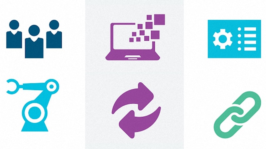 Pictographs representing advanced planning and scheduling software and supply chain management for the industrial machinery industry. 