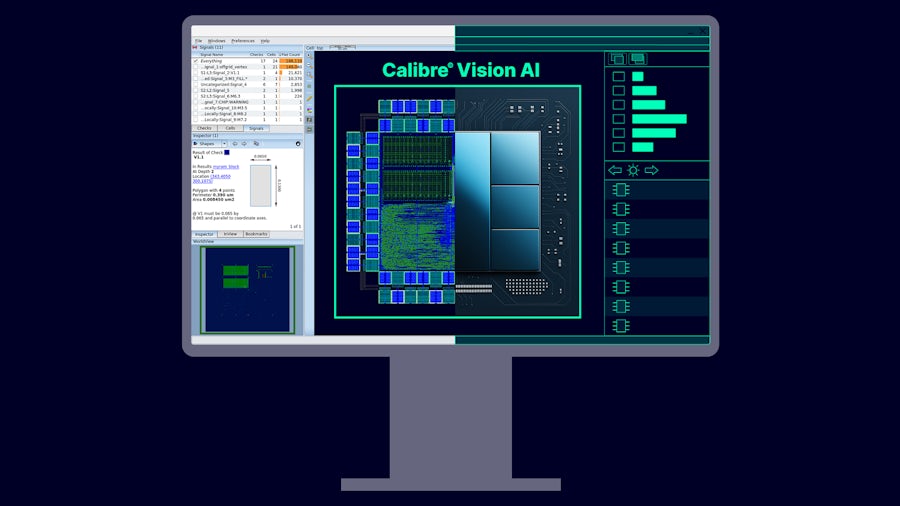 Computer monitor displaying the Calibre Vision AI interface, showing a detailed chip layout with highlighted debug regions, error analysis panels, signal grouping, and graphical data for design rule check (DRC) debugging.