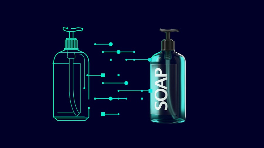 Illustrazione digital twin di un distributore di sapone che rappresenta la progettazione del prodotto guidata dalla simulazione