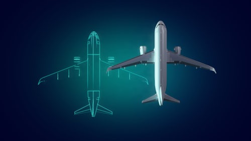 An illustration of a commercial airplane sits alongside an outline of the same plane signifying the digital twin against a dark blue background
