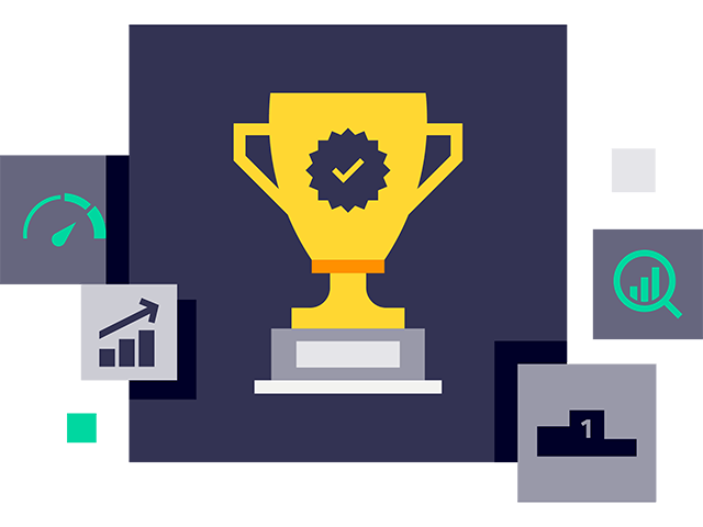 Illustration of a trophy alongside small icons representative of the product lifecycle management