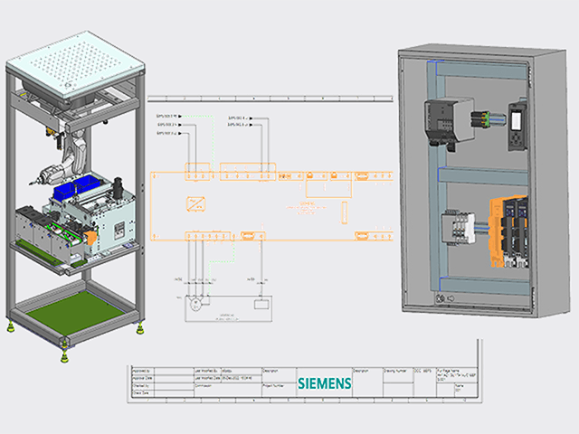 3D 캐비닛 설계부터 2D 회로도, 완성된 장비 설계에 이르기까지 NX 산업용 전기 설계 워크플로를 보여주는 이미지.