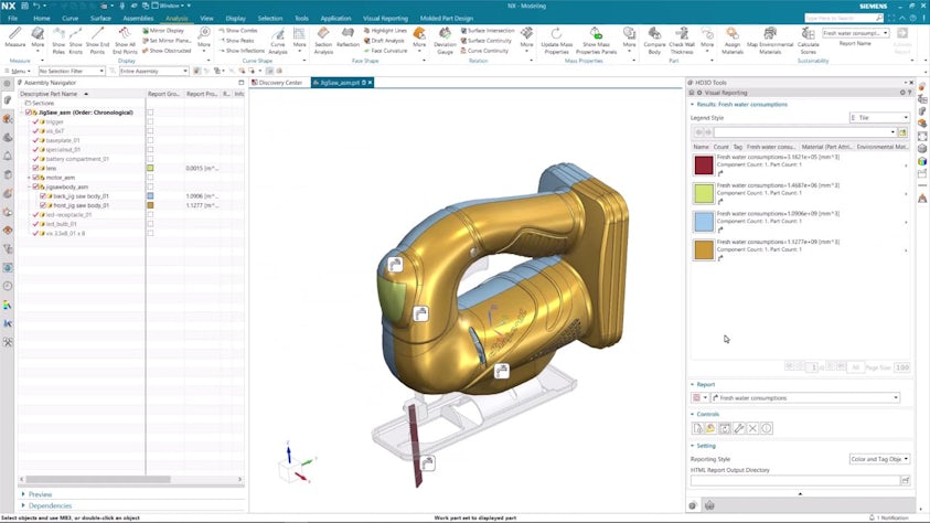 Jig saw design with HD3D visual reporting showing Design for Sustainability analysis in Designcenter NX
