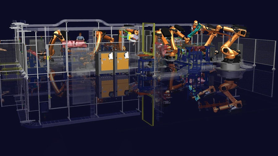 An image of a simulation of a manufacturing shop floor with robotic machines assembling products with supervision from workers