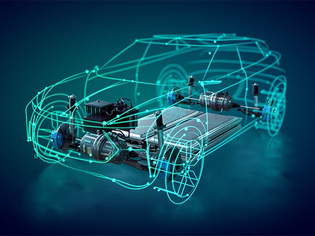 An image depicting an electric vehicle outline, motors, and interconnections.