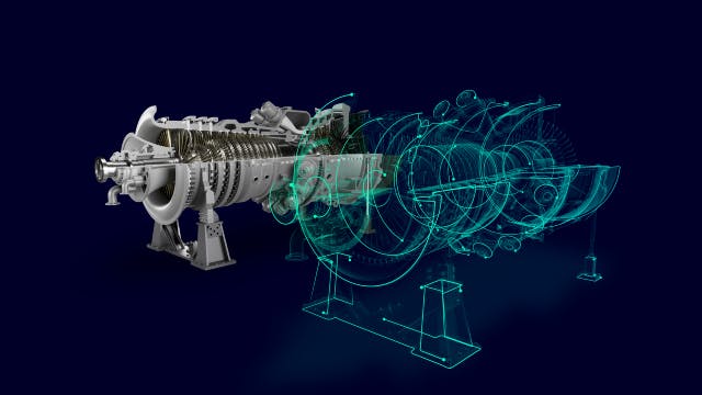 A computer model and wireframe digital twin of am industrial gas turbine on a dark blue background.