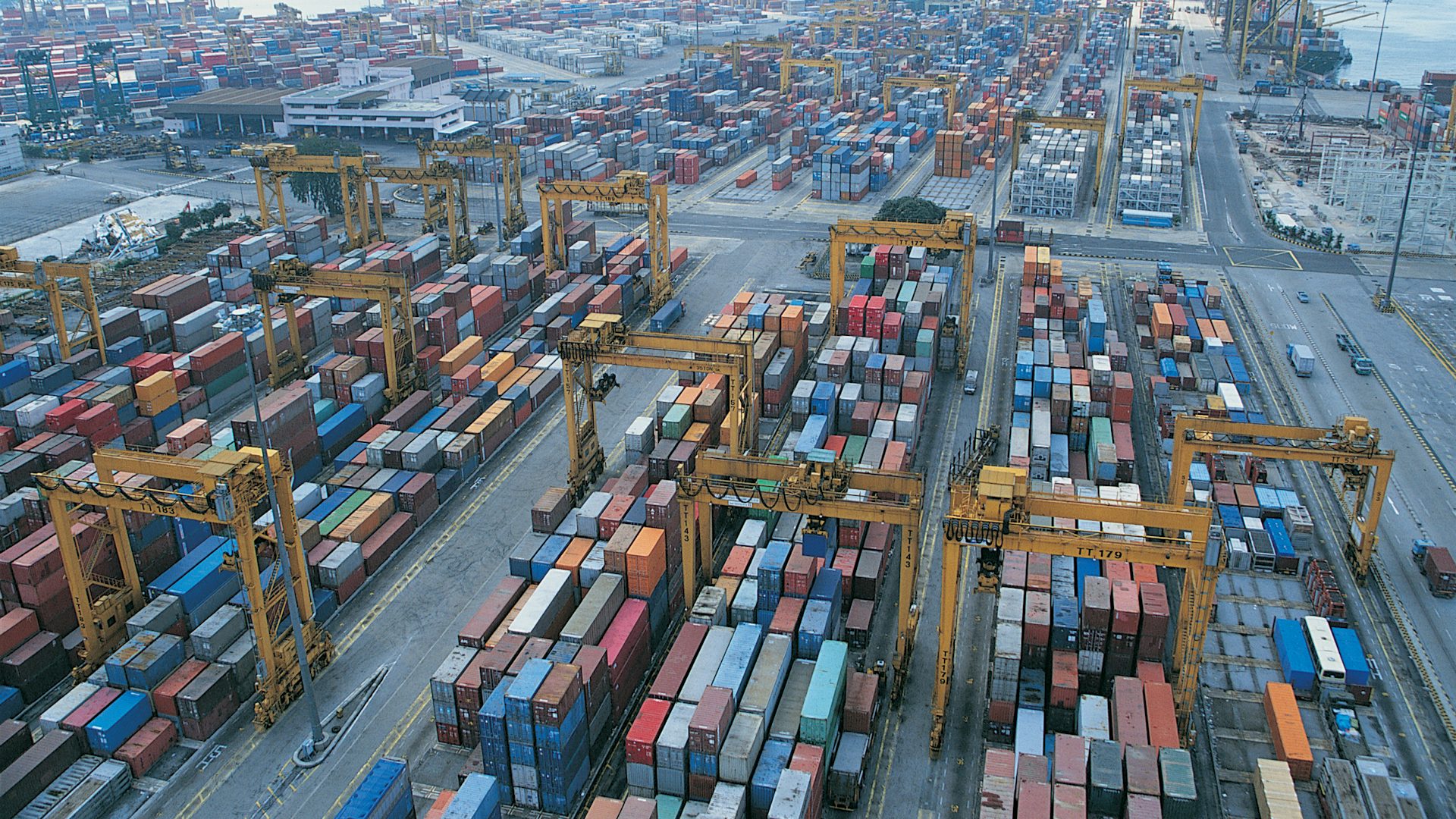 Shipping containers in a shipping yard.
