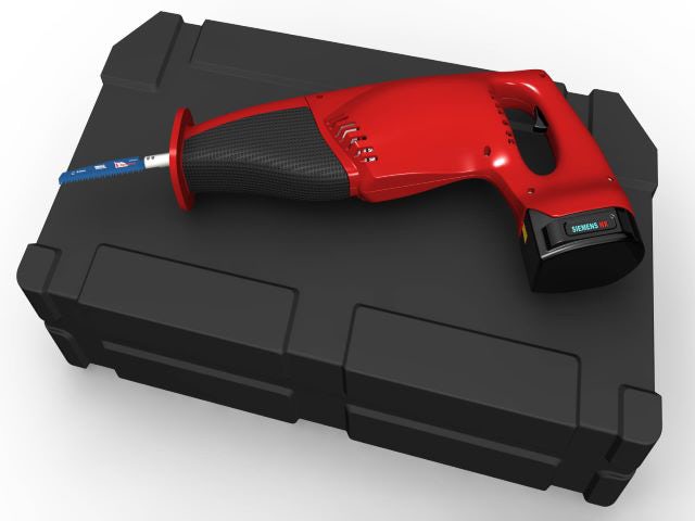 A rendering of a red electrical hand saw designed in NX. It is sitting on top of a black case.