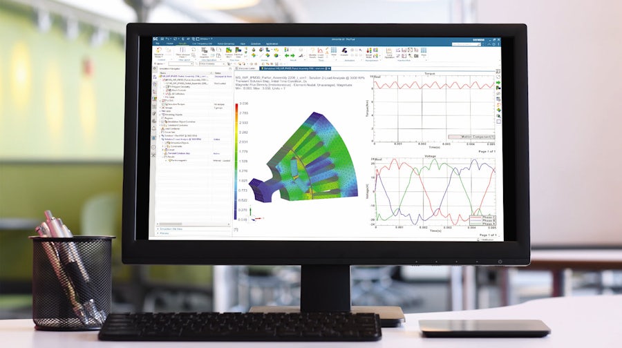 Computer screen showing electromagnetic simulation in Simcenter 3D on part of an electric motor.