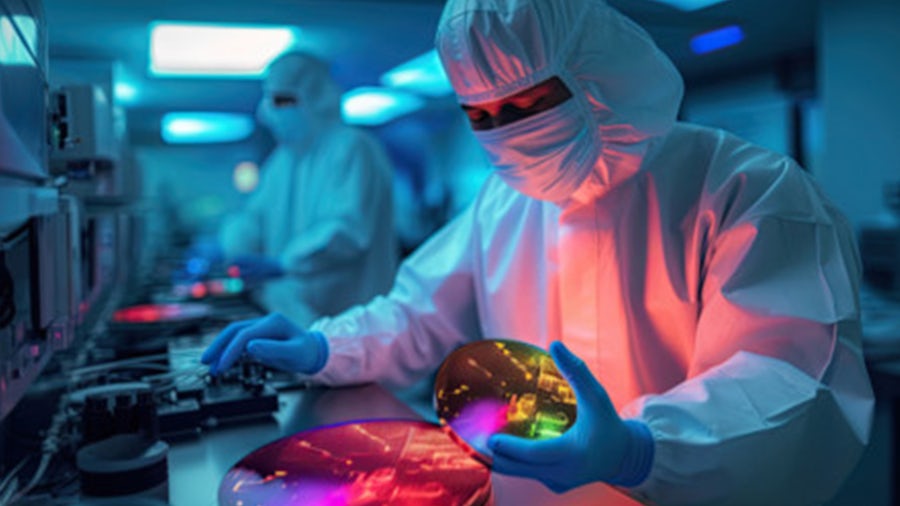 Engineers in protective suits work with semiconductor wafers in a high-tech manufacturing cleanroom environment with blue and purple lighting.