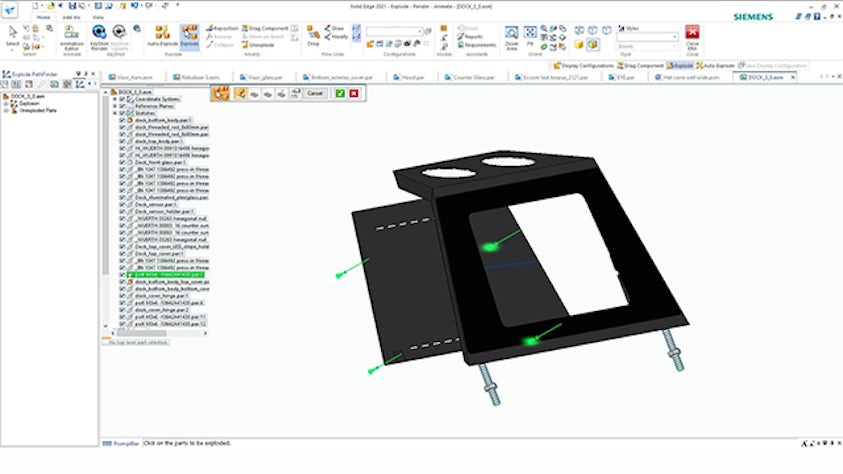 Solid Edge tools showing an exploded view of one of Yanu’s components – the drink dock.