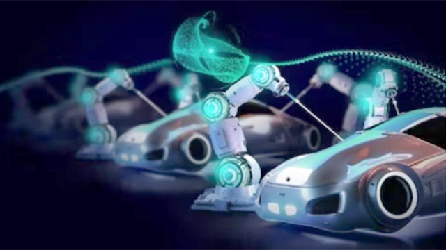 Digital graphic of cars on an assembly line