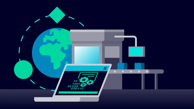 Zusammengesetzte Illustration mit der Erde im Hintergrund, gefolgt von einer Fertigungsanlage in der Mitte und einem Laptop vor den beiden anderen Bildern.