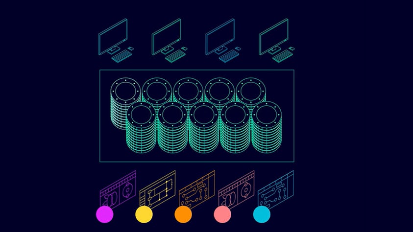 A graphic representing value-based licensing: four desktop computers to represent users, stacks of 