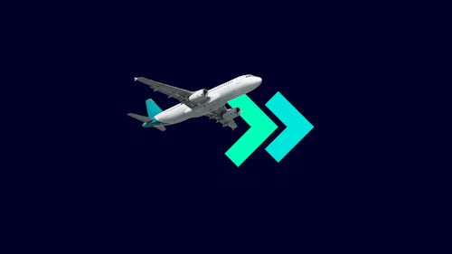 A dark blue background with an airplane soaring beside a symbol for acceleration and moving forward (two chevrons pointing right)