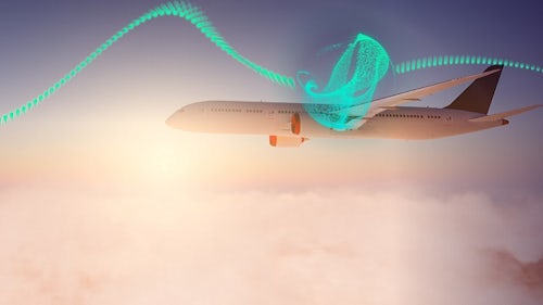 A plane flies above the clouds with a digital thread and swirl indicating the connection to verification management with a certification digital twin.