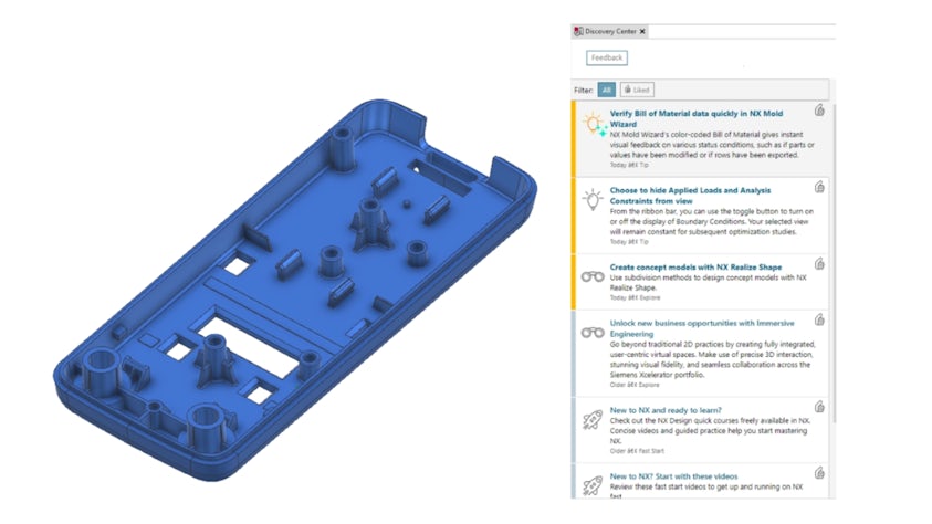 A blue plastic molded part design in Designcenter NX CAD. There is a Discovery Center window with an AI-enabled personalized recommendation for 