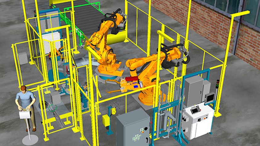 Fully detailed 3D robotics workcell design in Process Simulate software.