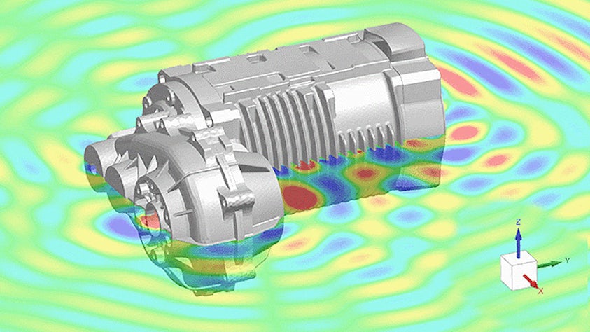 Modèle 3D d'un moteur, avec des cartes thermiques montrant les vibrations sonores.