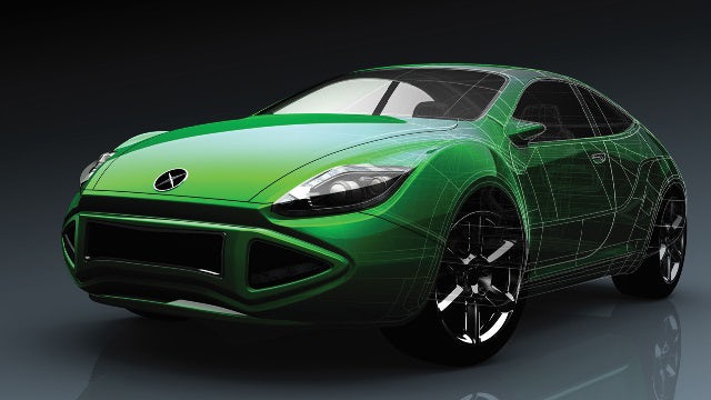 A 3D NX CAD model of showing a green sports car partly overlaid with a CAD image of the same geometry.