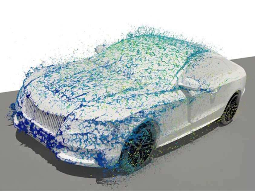 Počítačový model auta s SPH Flow modelující, jak na něj padá déšť