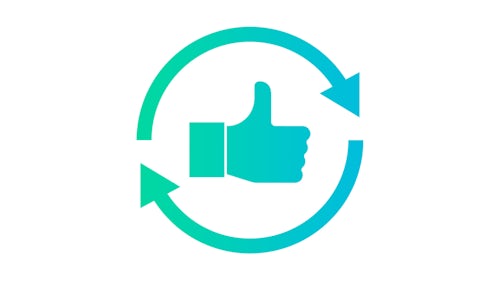 Two circular arrows enclose a stylized hand displaying a “thumbs-up” position