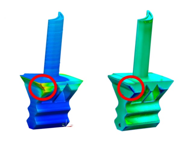 Results from a Simcenter 3D AM build simulation showing compensation for areas of high distortion.