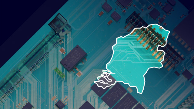 A PCB board with an outline of the Netherlands on the side.