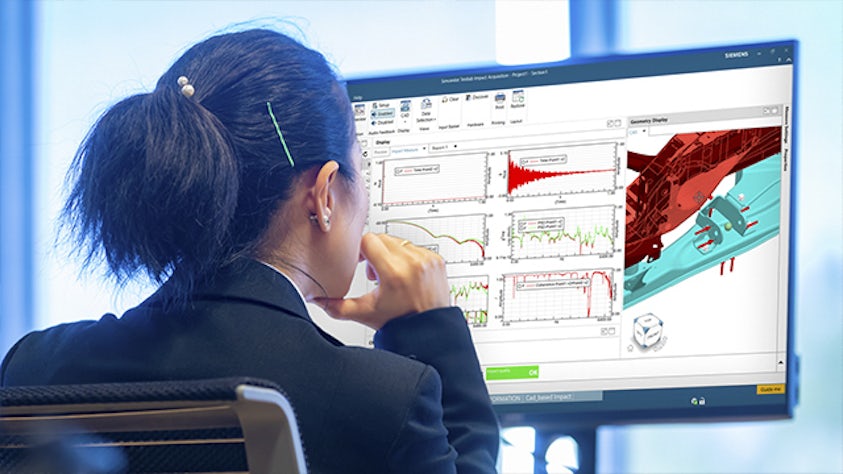 A testing engineer reviewing vibration results in the latest version of Simcenter Testlab 2306.