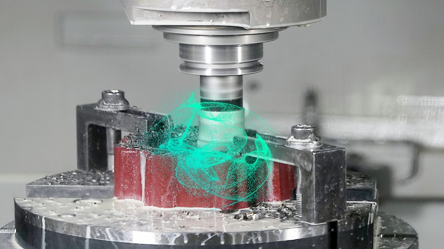 A machining tool cutting out a part with a teal graphic overlay illustrating the real-time responsiveness that Flexible Manufacturing provides.
