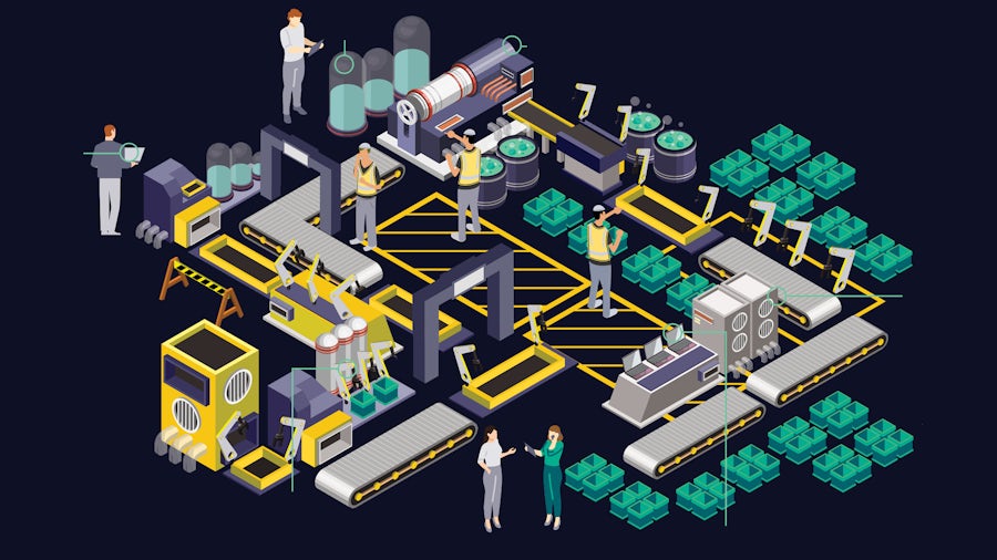 A graphic image of a factory floor with different types of machinery and conveyor belts.