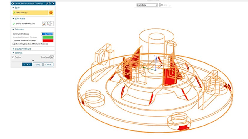 A component in an NX graphics window with an NX Design for Additive Manufacturing - Analysis - Wall thickness check dialog.