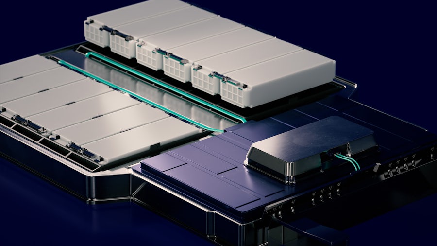 A silver computer-designed electric battery on a dark blue background.