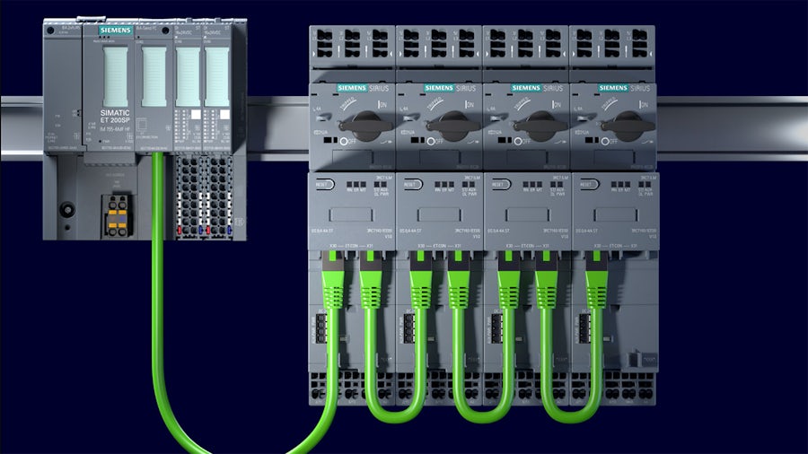 Industrial automation setup featuring a Siemens SIMATIC ET 200SP module connected to multiple Siemens SIRIUS modular system load feeders via green Ethernet cables, enabling intelligent field-to-cloud communication.