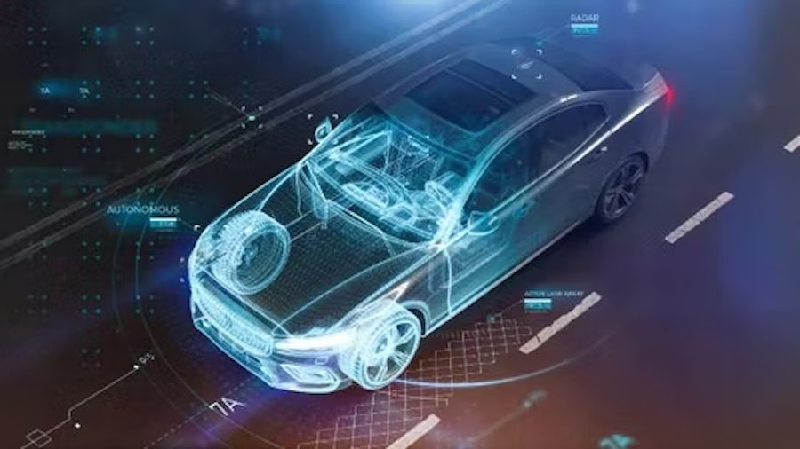 A rendered next-generation vehicle showing advanced electronics and autonomous technologies made possible with complex E/E architecture.