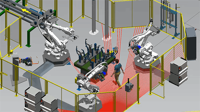 Screenshot of robotics safety management with Siemens digital manufacturing software Process Simulate.