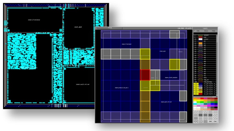 Two panels of IC design verification visuals. The left image shows a layout overview with blue highlighting design regions, while the right image zooms in, illustrating detailed layout verification with color-coded layers and markers.