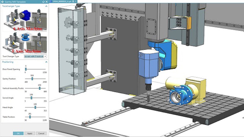 A 3D NX CAD model of showing an CNC machine, machining head, tool table, and tool head changing module.