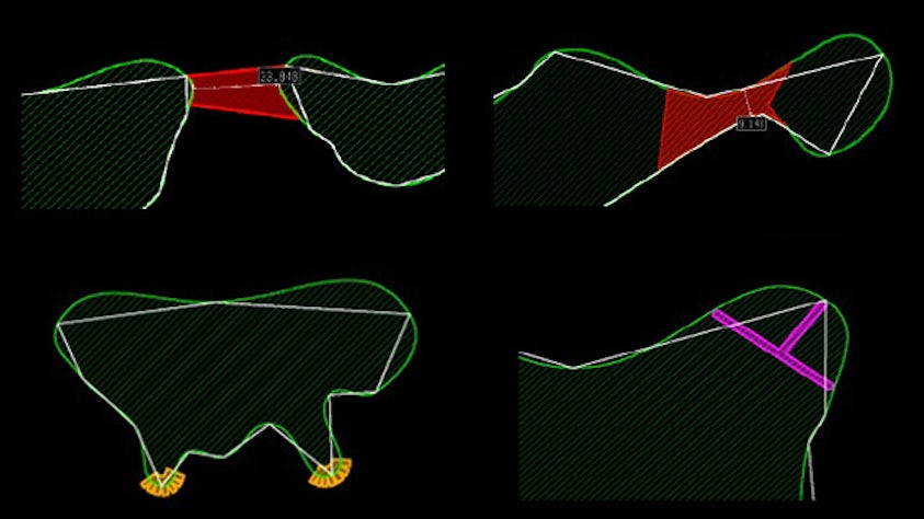 Top left: external distance check example. top right: internal distance check example. lower left: spike detection example. Lower right: depth-width check example. 